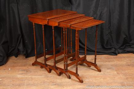 Regency Mahogany Nest Tables Faux Bamboo Side Table Parquetry